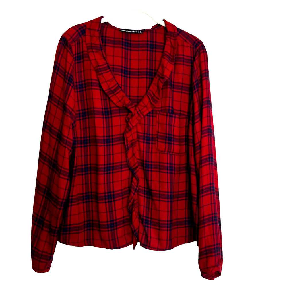 Abercrombie & Fitch Womens Buffalo Plaid Blouse Large Red Ruffled Scoop Neck